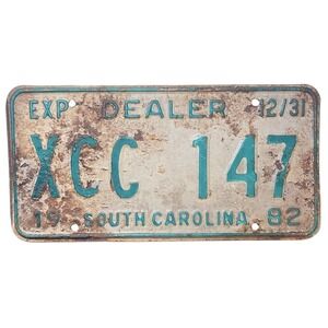 Vintage 1982 South Carolina Dealer License Plate ID # XCC 147 Exp 12/31